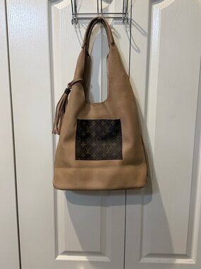 Designer-Inspired Tan Faux Leather Hobo Bag with Monogram Patch